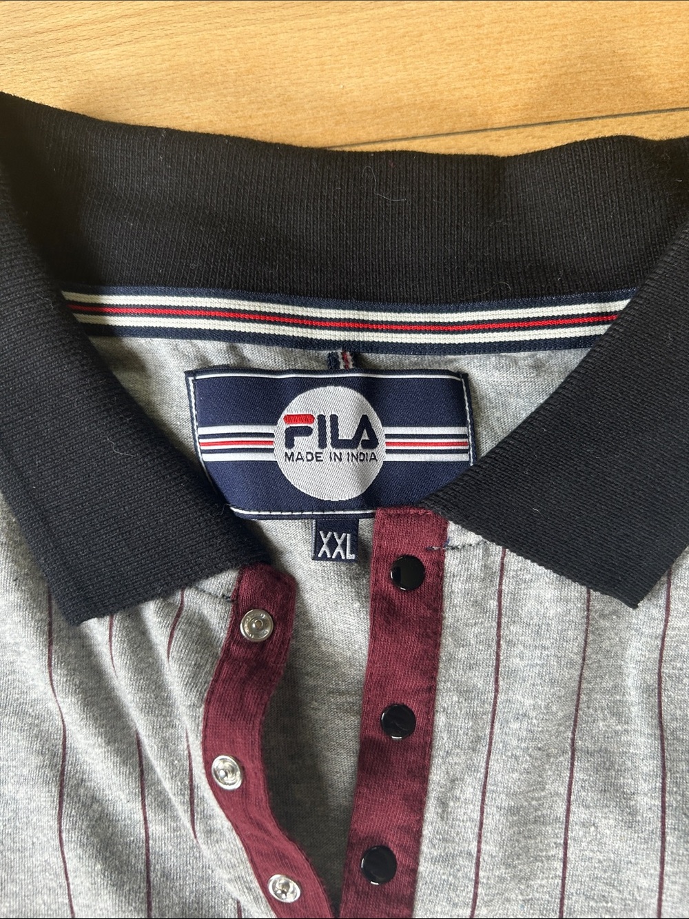 FILA Gray Pinstripe Polo with Black Collar and Burgundy Placket xxl - Picture 2 of 2